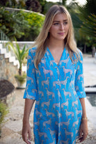 Elegant style dress in pure silk Lurcher green blue print designer Lotty B Mustique