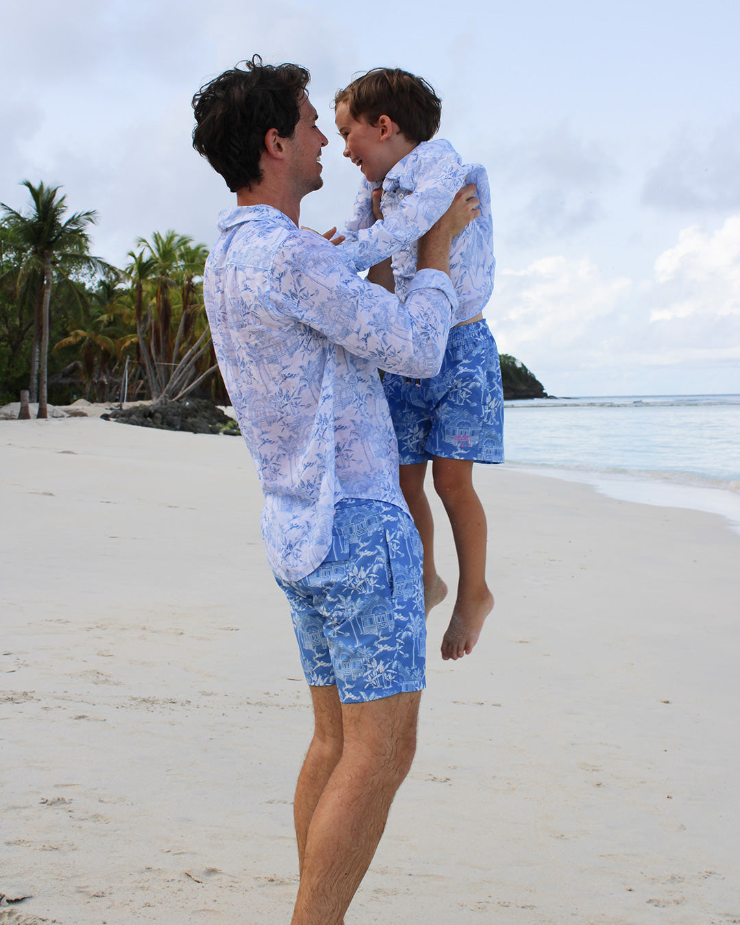 Holiday shirts for little and large in signature blue Pink House Toile de Jouy print by designer Lotty B