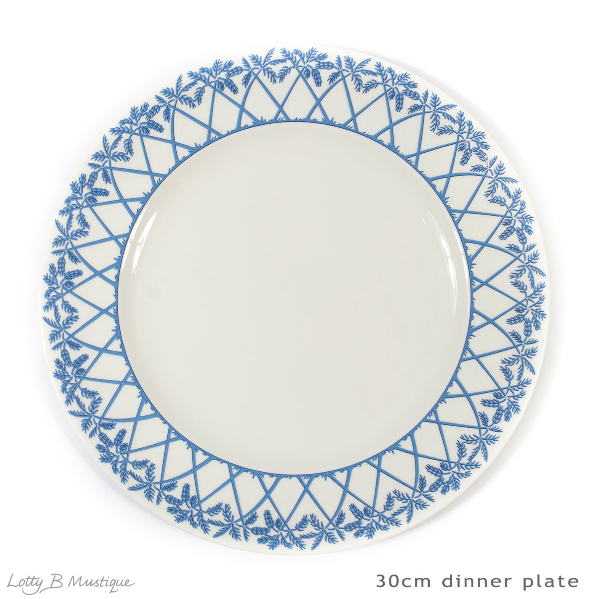 Set includes 12 x 30cm dinner plates in Palms blue