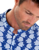 Mens Collarless Linen Shirt : FISH - AIRFORCE BLUE collar detail designer Resort wear by Lotty B Mustique