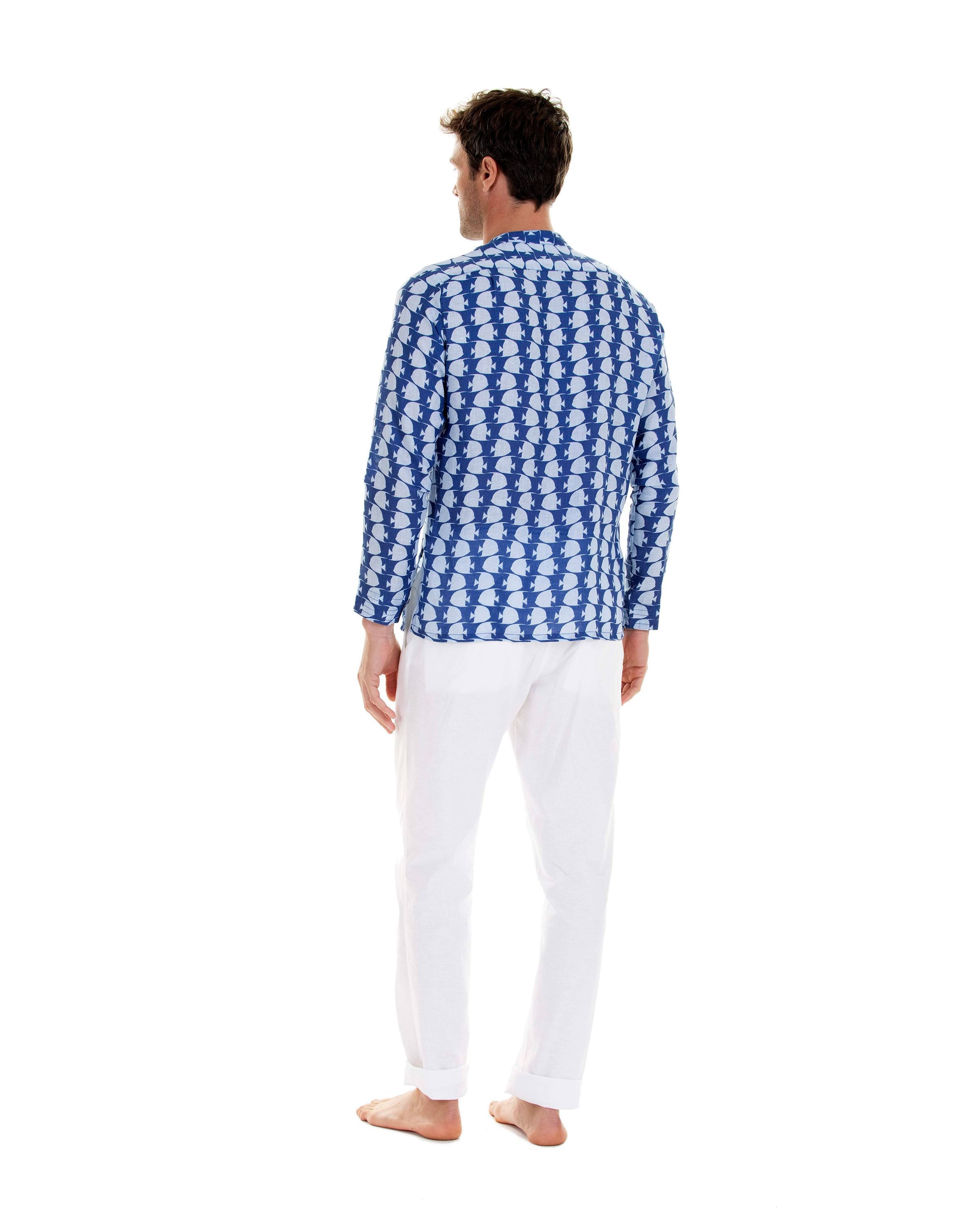 Mens Collarless Linen Shirt : FISH - AIRFORCE BLUE designer beach styles by Lotty B Mustique