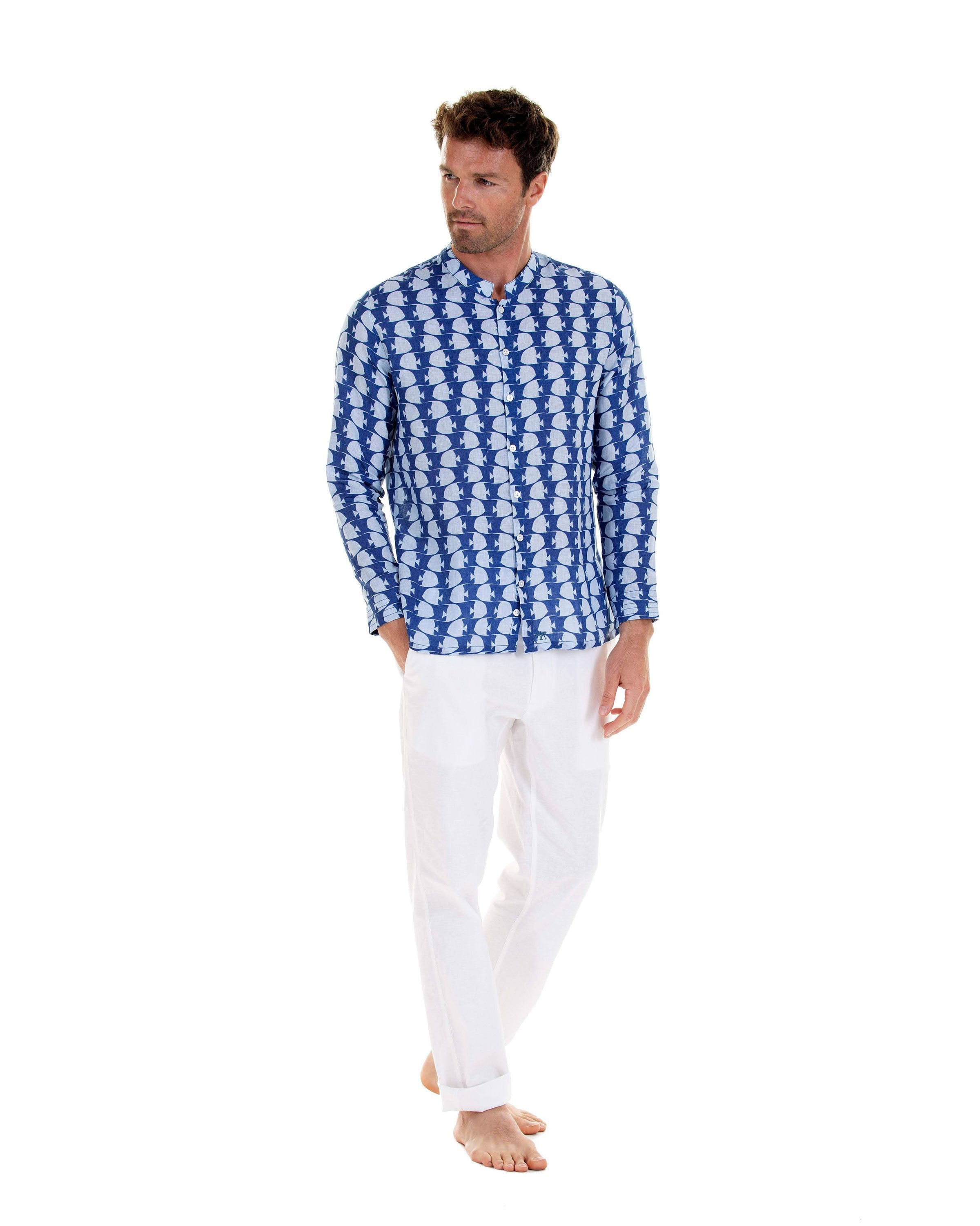 Mens Collarless Linen Shirt : FISH - AIRFORCE BLUE designer holiday styles by Lotty B Mustique