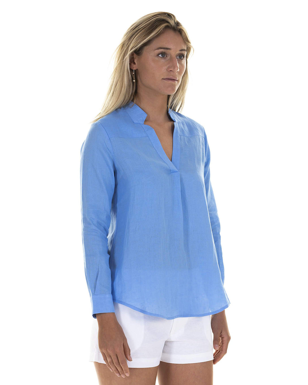 Womens FRENCH BLUE Linen Blouse worn with classic white stretch linen shorts designer Lotty B Mustique