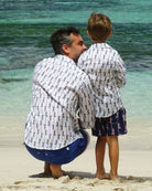 Mens Linen Shirt: GECKO - NAVY designer Lotty B Mustique matchy matchy holiday clothing for Men & Boys