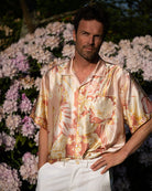 Limited Edition gold and pink sea life silk shirt created from vintage silk charmeuse scarf, by designer Lotty B Mustique