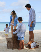 Beach vacation essentials for all the family in signature blue Pink House Toile de Jouy print by designer Lotty B