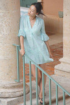 Womens island villa style linen dress with gathered sleeve in green and pale blue fern print