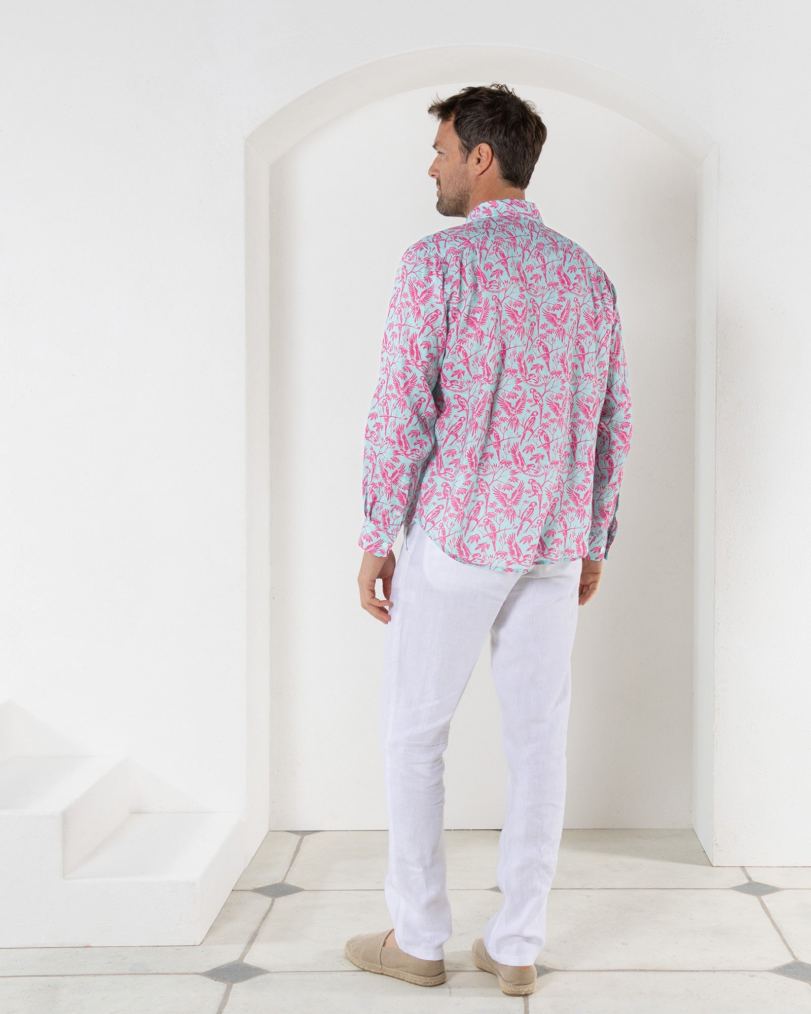 Men's casual fit linen shirt in coral and turquoise Parrot print designer Lotty B Mustique