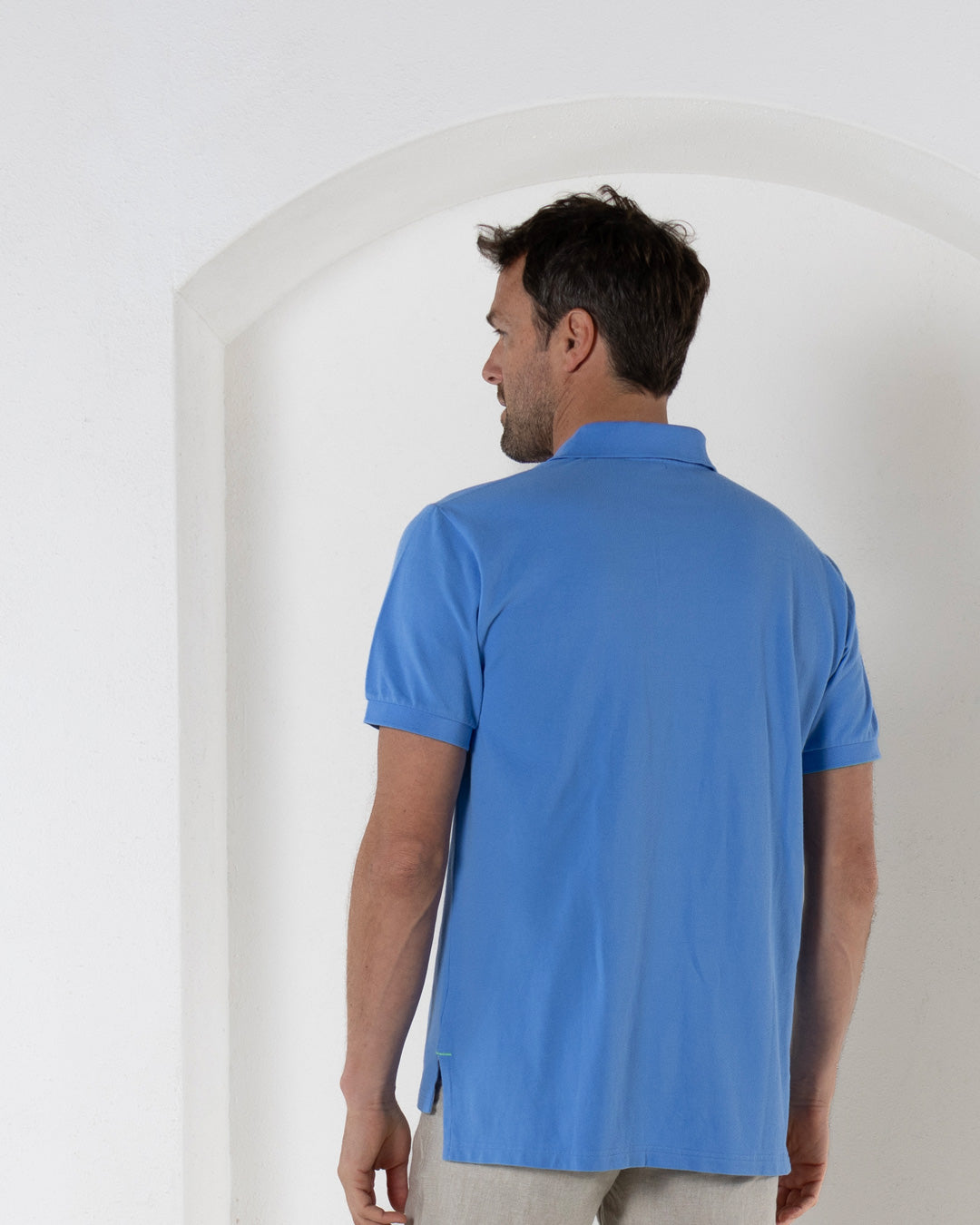 back of premium pure cotton mid blue polo shirt