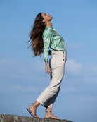  Luxury holiday fashion - pure silk shirt in green sand dollar print by Lotty B Mustique