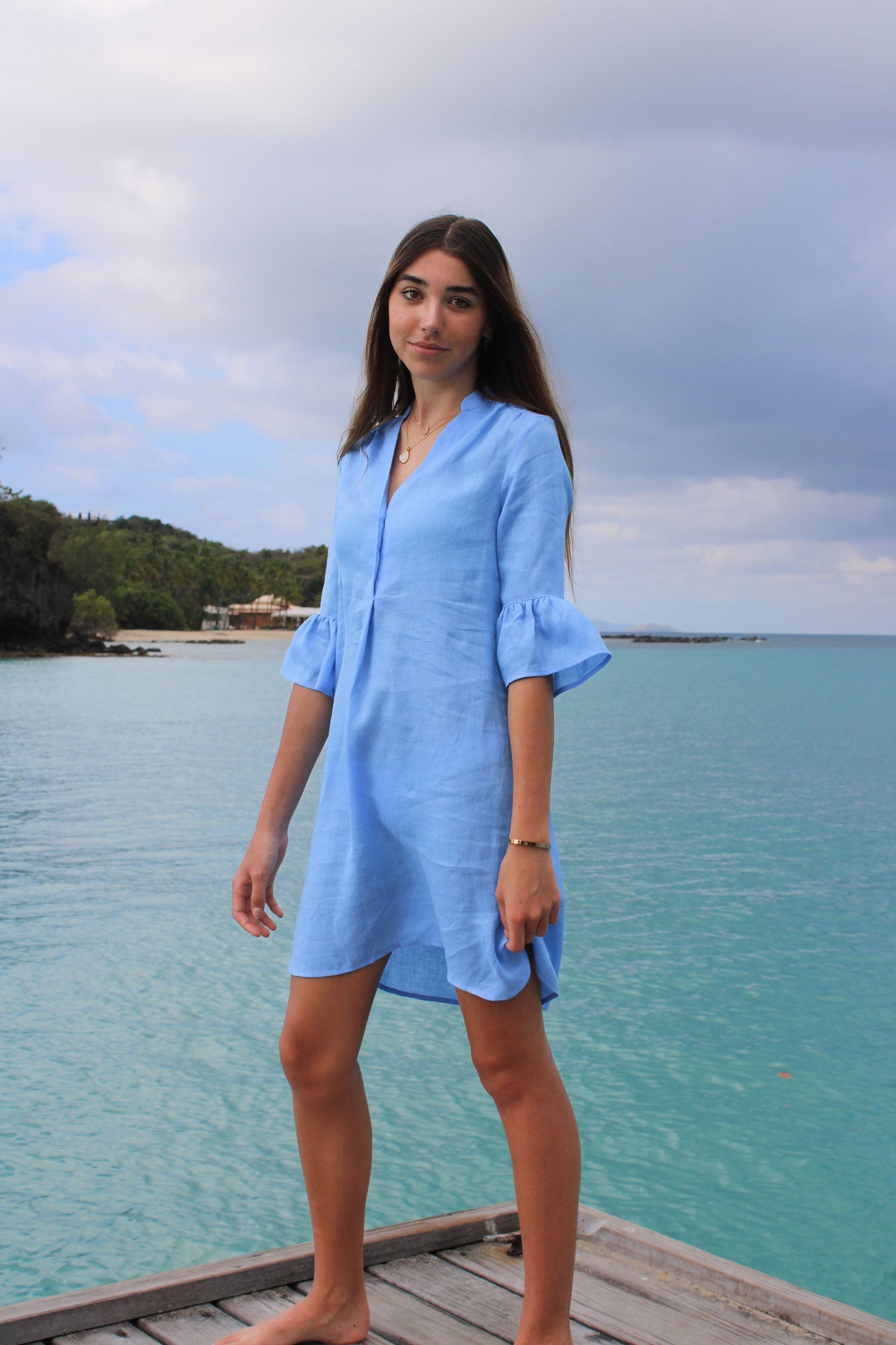 Women's vacation style pure linen Decima dress with gathered sleeves in plain French blue