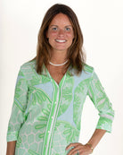 Mother of pearl button detail on silk shirt dress in green Sand Dollar print by designer Lotty B.