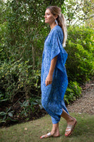 Blue floral long silk kaftan dress, wedding or summer party dress