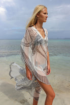 Lotty B Long Kaftan in Chiffon: BICYCLE - BLACK & WHITE side walking on the beach Mustique