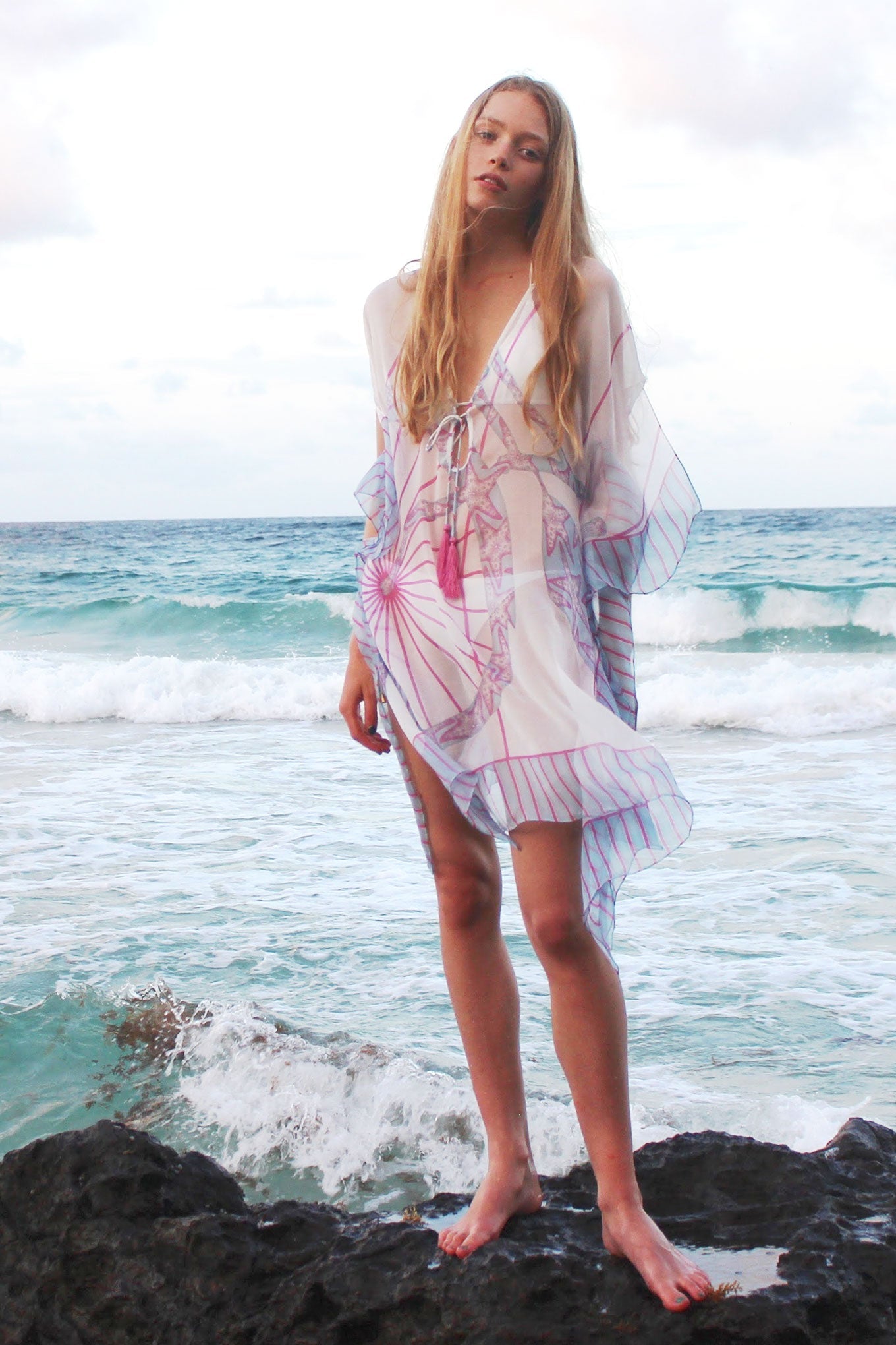 Lotty B Short Kaftan in Chiffon: BICYCLE - PINK Mustique rocks