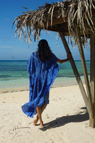 Silk Jenlee Kaftan: FLAMBOYANT FLOWER - BLUE beautiful vacation wear designer Lotty B Mustique