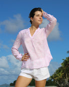 Women's linen Kim shirt in Pangolin pink printworn with classic white linen shorts