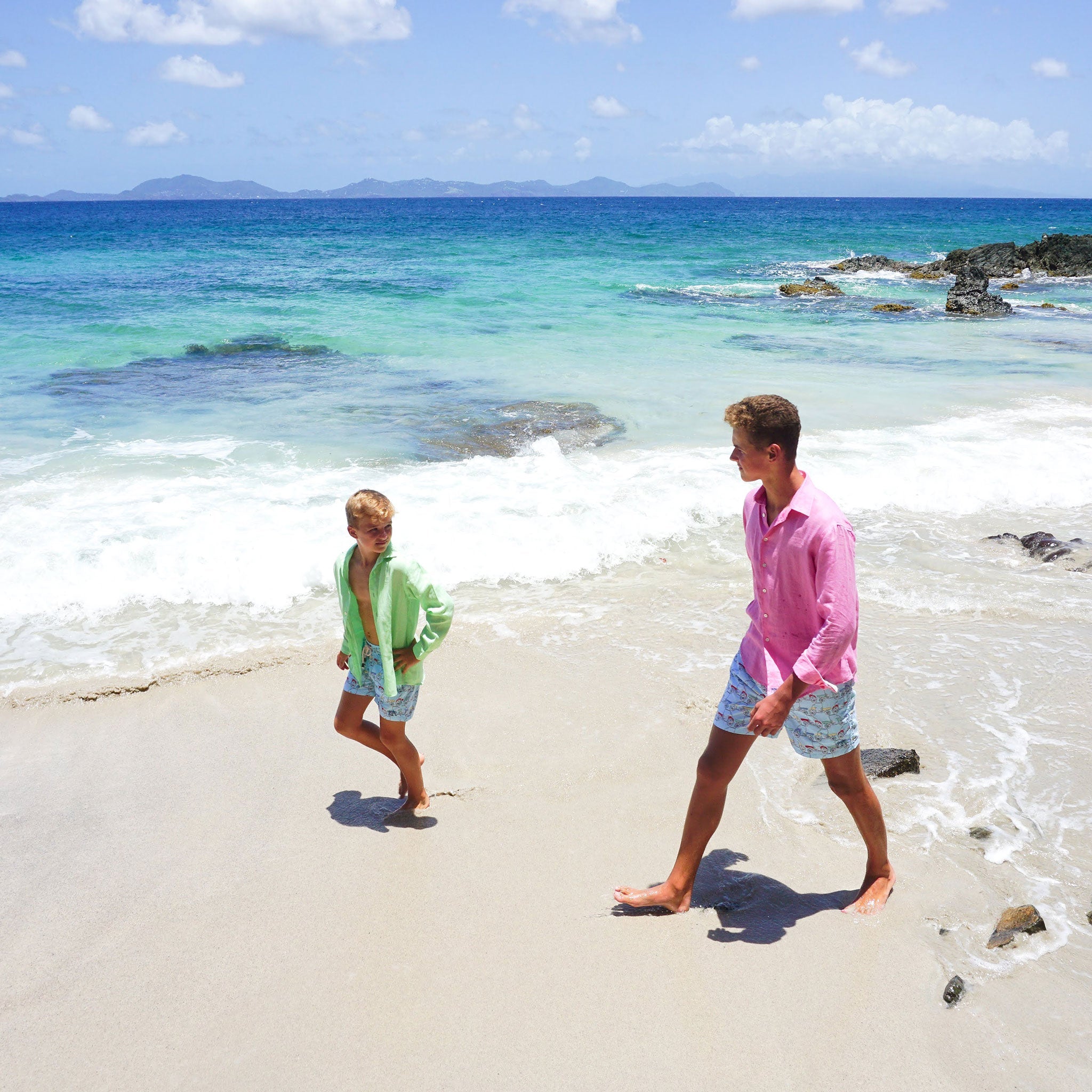 Childrens Linen Shirt: PISTACHIO GREEN, a walk on Mustique beach