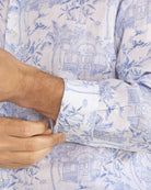 Mens top quality pure linen shirt in signature blue Pink House Toile de Jouy print by designer Lotty B