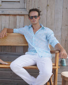 Mens Linen Shirt : PAPAYA CLEAR BLUE - Mustique style at Basils Bar