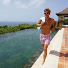 Mens swim trunks : PALM STRIPE - RED, life by the pool Mustique