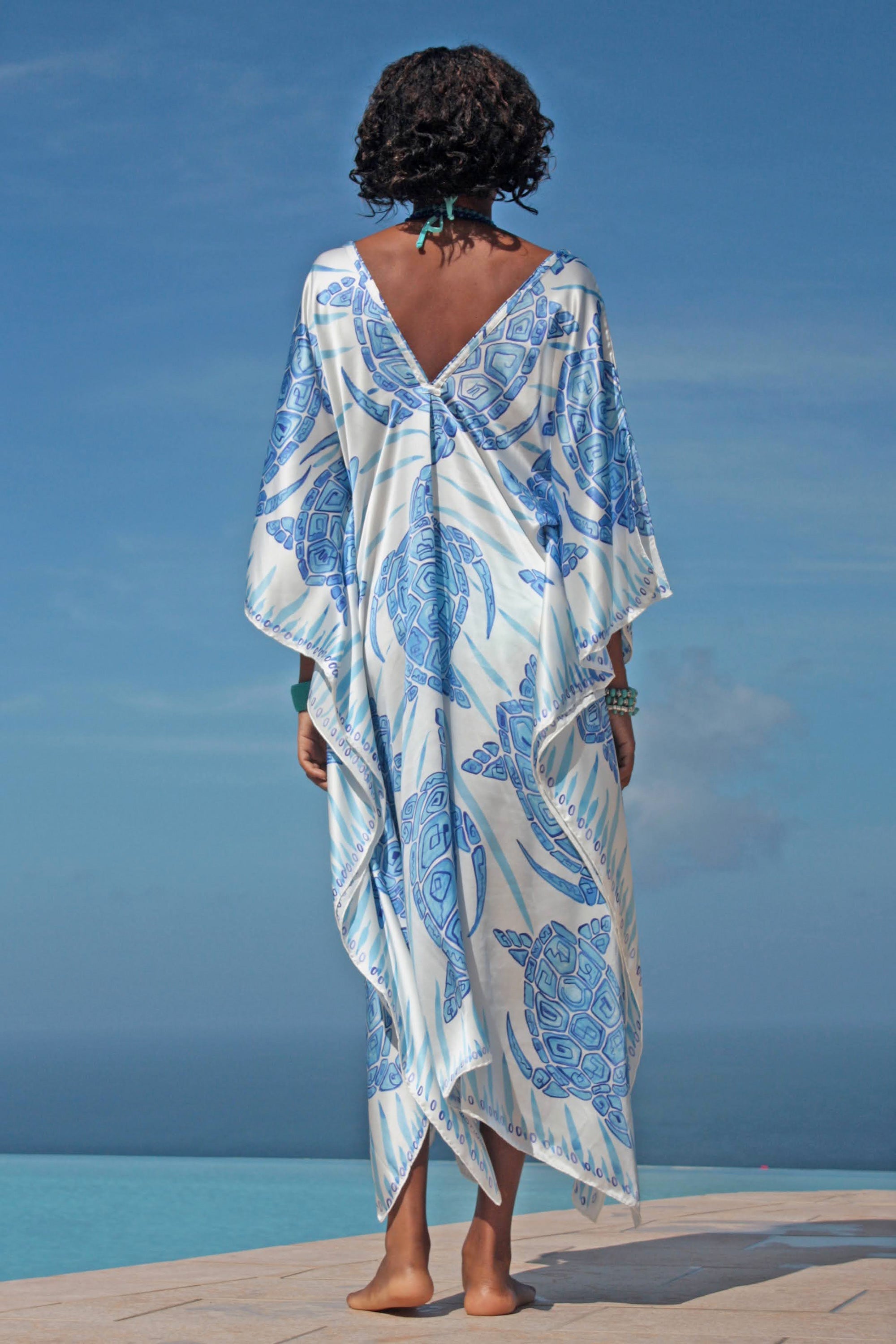 Lea Kaftan: TURTLE - BLUE in 100% charmeuse silk, holiday resort wear by designer Lotty B Mustique