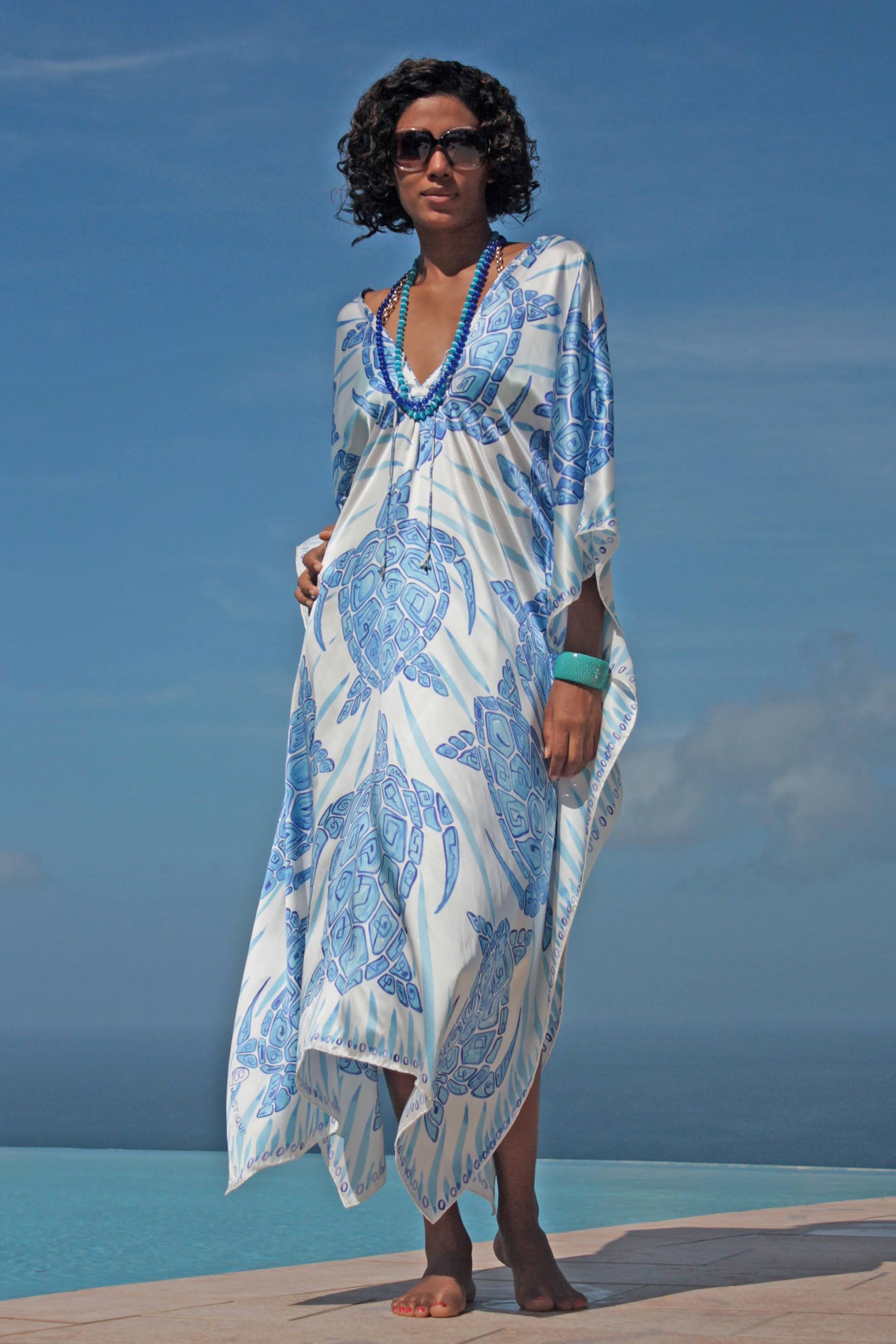 Lea Kaftan: TURTLE - BLUE in pure charmeuse silk, luxury holiday style by designer Lotty B Mustique