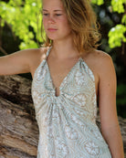 Silk halter neck dress with adjustable neck ties Sand Dollar pale blue and taupe design by Lotty B Mustique