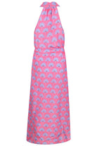 Lotty B 3/4 Halter Dress in Silk Crepe-de-Chine: SINGLE PALM REPEAT - PINK / BLUE back