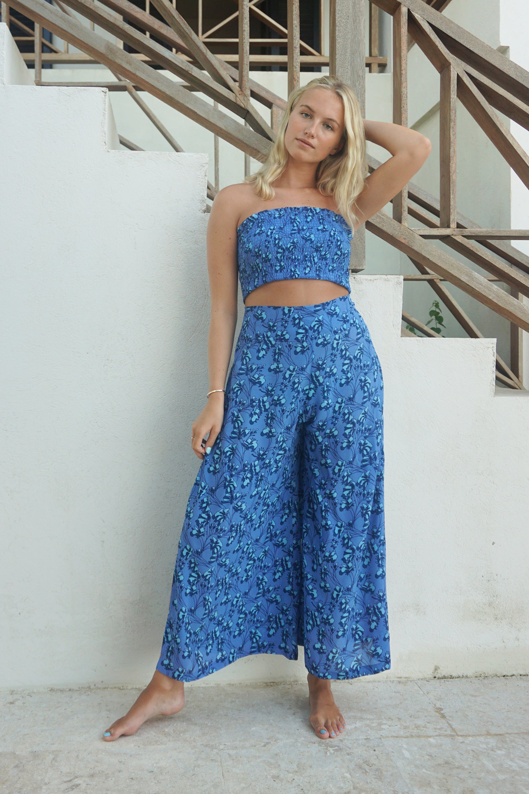 Silk Gabija Palazzo Pants: FLAMBOYANT FLOWER - BLUE designer Lotty B Mustique exclusive resort wear