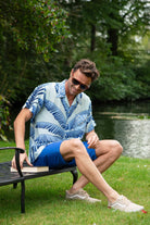 Lotty B mens silk shirt in tropical Banana print in brilliant blues