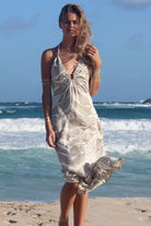 Lotty B Halter-Neck Dress Long ~ Leaves (Lichen) Mustique beach