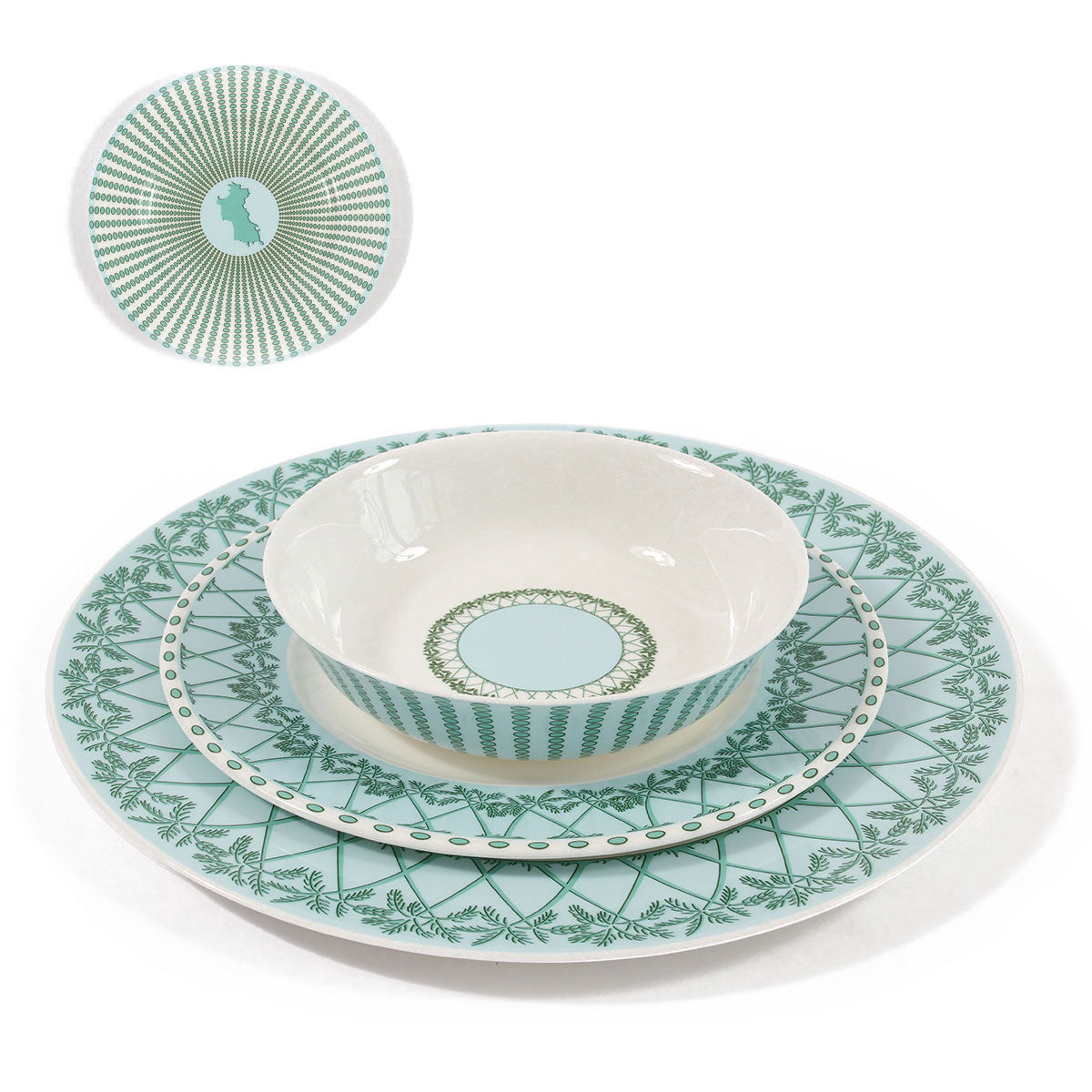 Fine bone china dinnerware set of plates and bowls in Mustique Island design by Lotty B