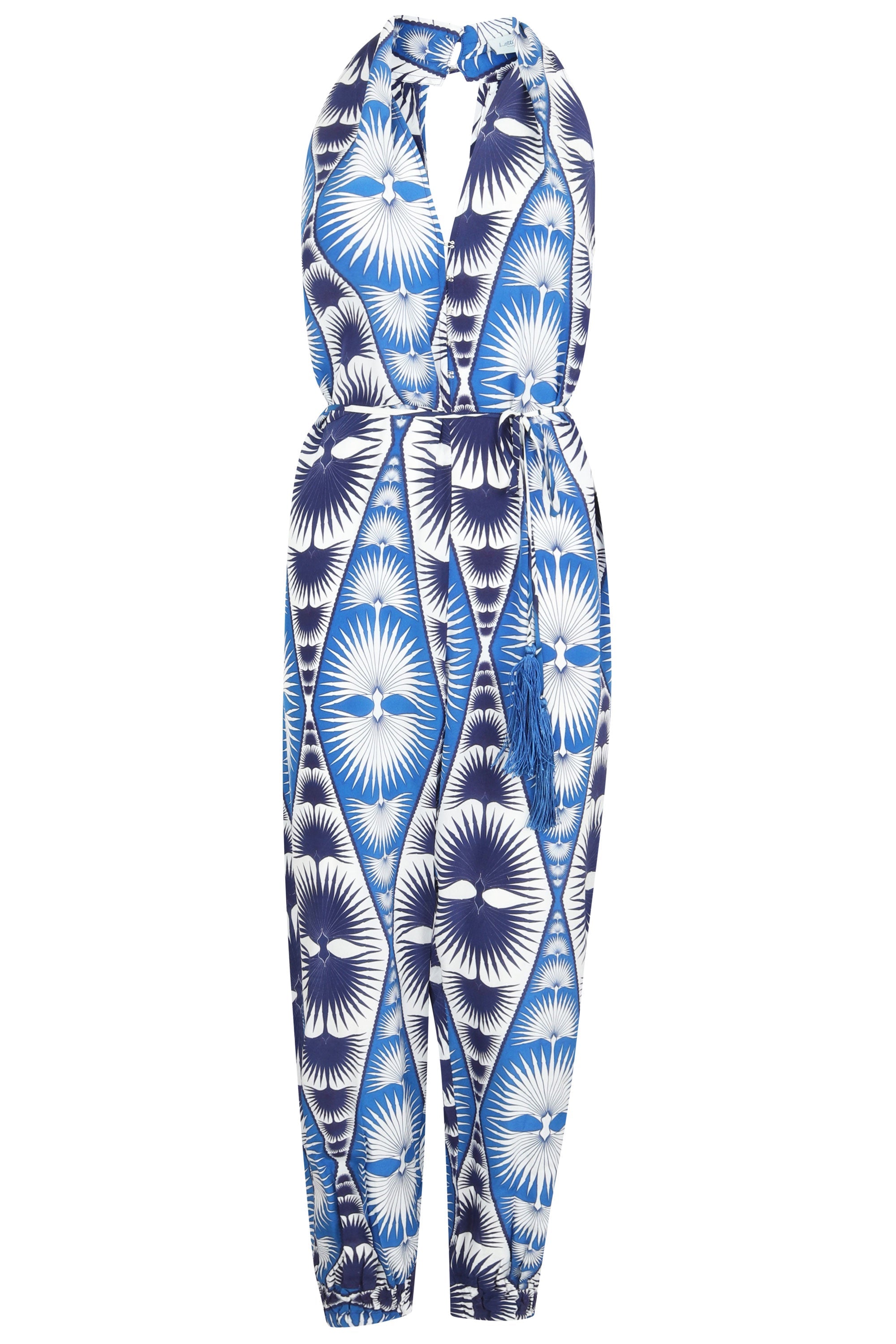 Lotty B Jumpsuit in Silk Crepe-de-Chine: FAN PALM REPEAT - BLUE Front