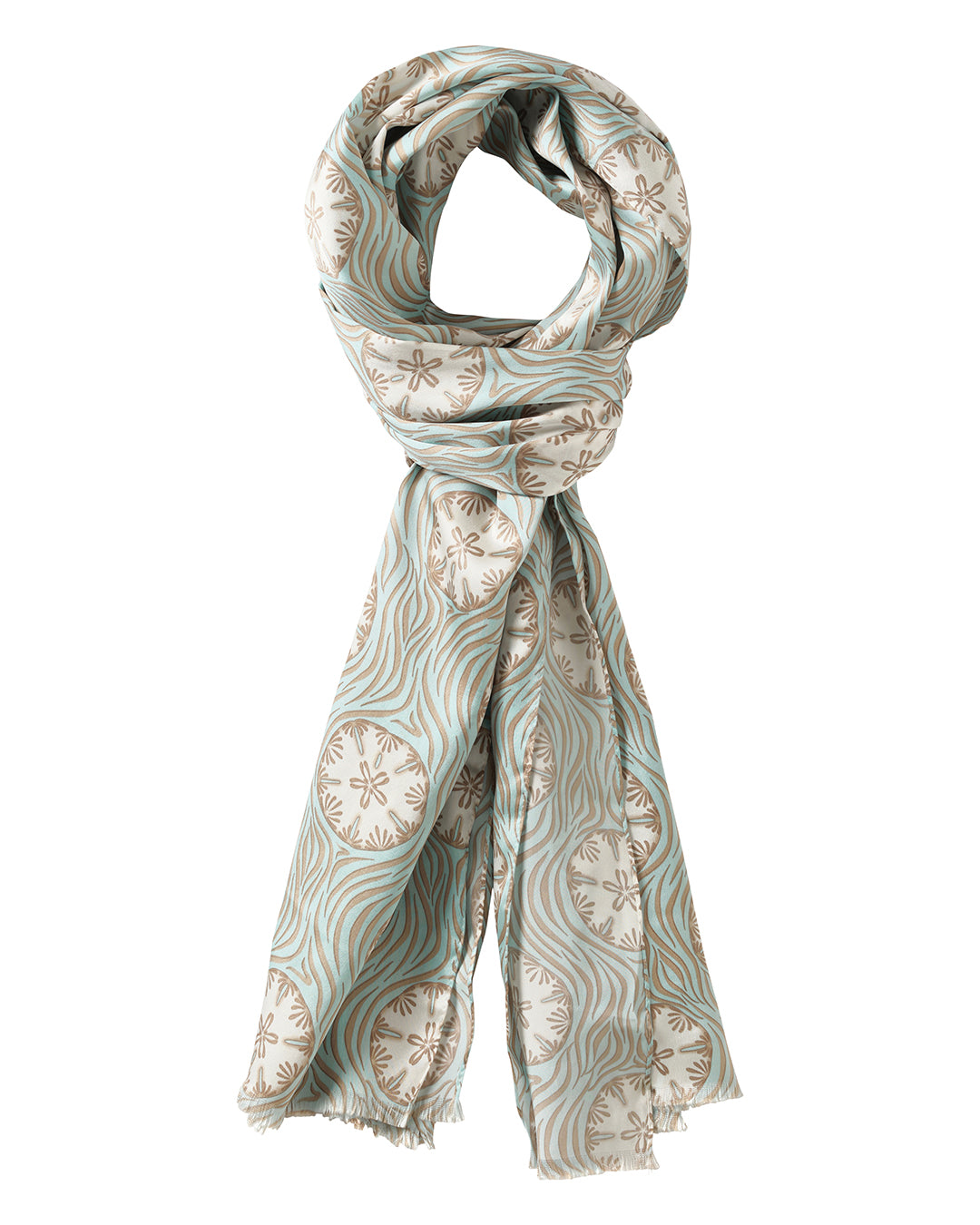 Pure silk scarf in pale blue and taupe Sand Dollar print by resortwear designer Lotty B for Pink House