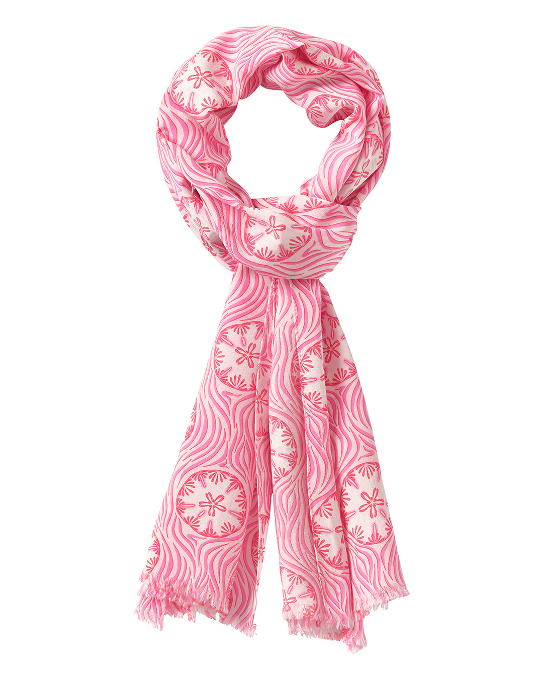 Pure silk scarf in coral pink Sand Dollar print by resortwear designer Lotty B for Pink House