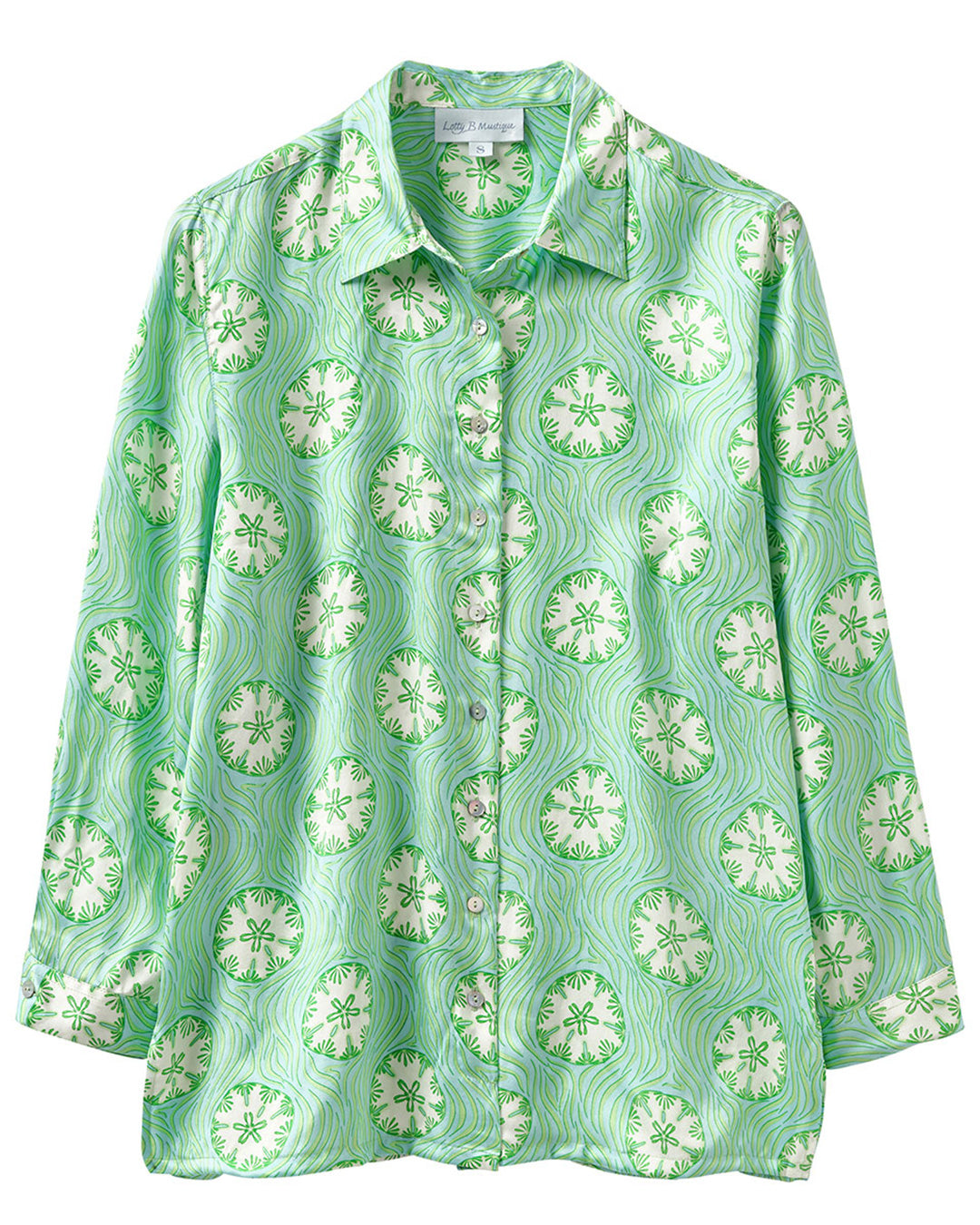 Pure silk shirt in green sand dollar print by Lotty B Mustique