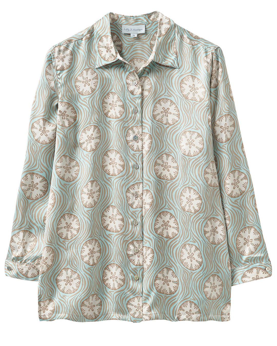 Pure silk shirt in pale blue and taupe sand dollar print by Lotty B Mustique