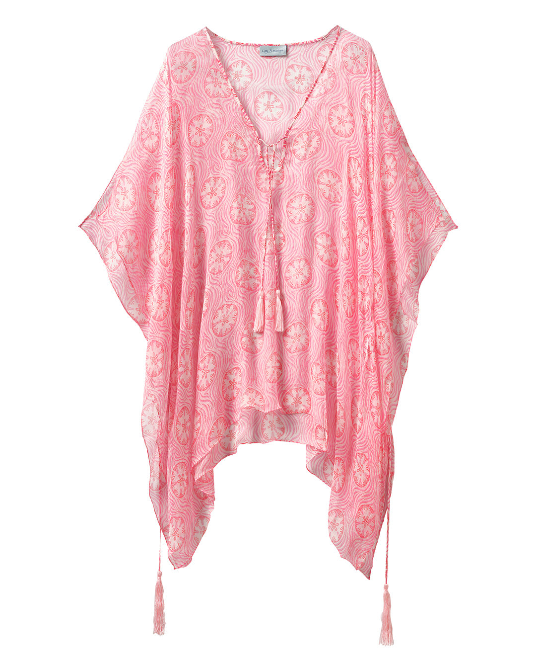 Silk Chiffon Cosima Kaftan in coral pink Sand Dollar print by designer Lotty B for Pink House