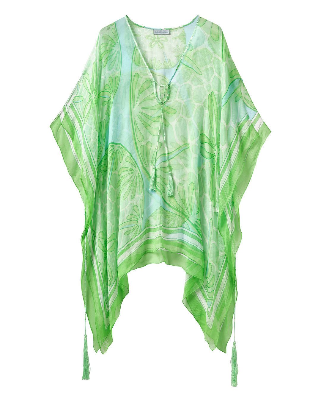 Silk Chiffon Cosima Kaftan in Sand Dollar green print by designer Lotty B for Pink House