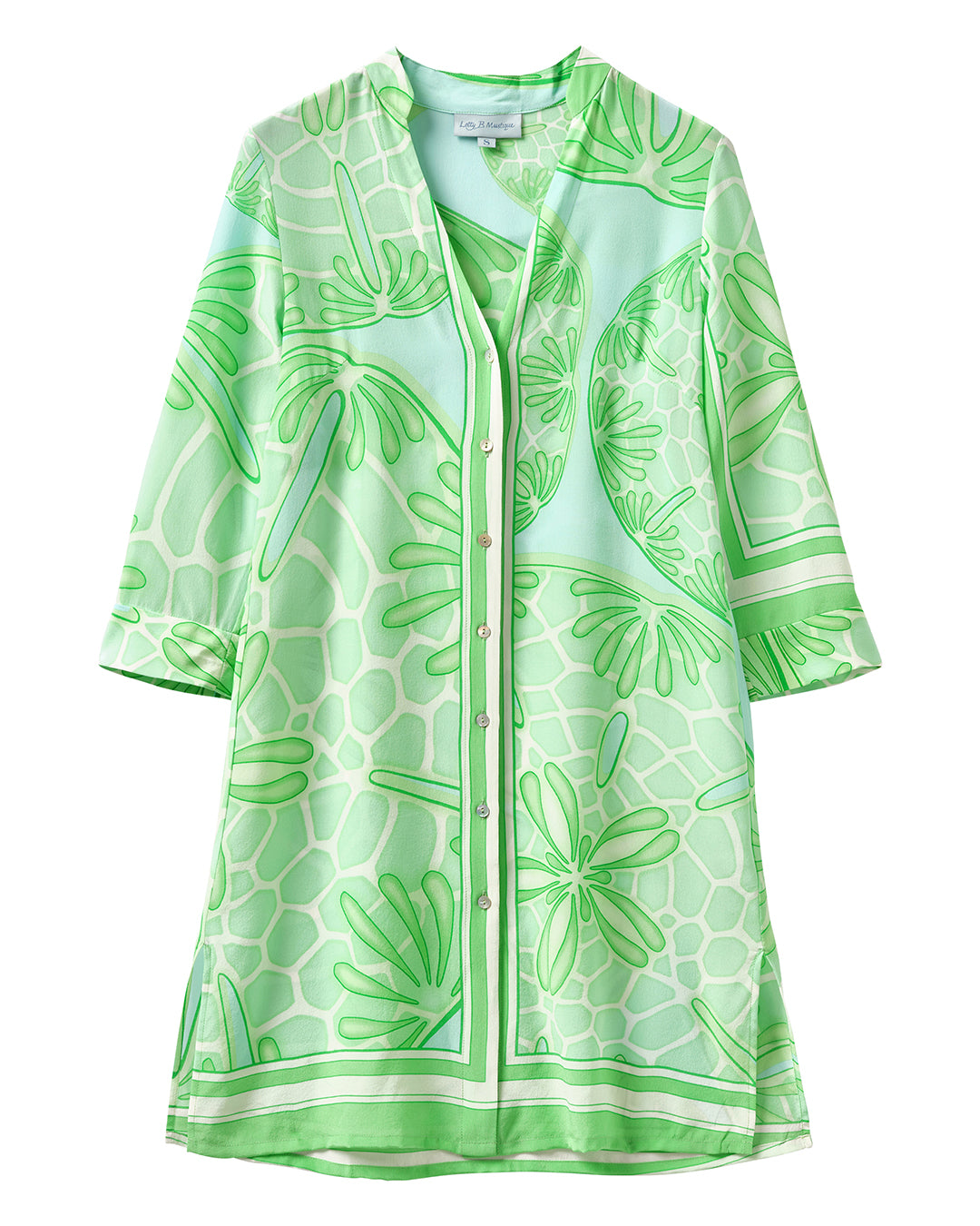 Pure silk buttoned shirt dress in green Sand Dollar print by designer Lotty B for Pink House 