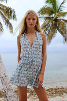 Lotty B Short Halter Neck Dress in Silk Crepe-de-Chine: BICYCLE - BLACK/PALE BLUE Mustique life