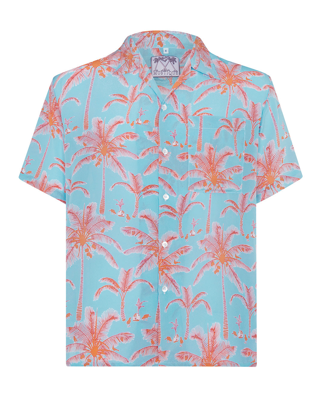 Lotty B unisex silk festival shirt in tropical plantation print in sunset pinky orange on turquoise blue