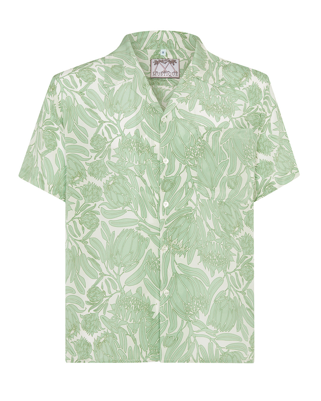 Lotty B unisex silk festival shirt in tropical protea print in sage green on off white