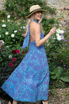 Wedding outfits silk dress in violet and blue Protea print by Lotty B Mustique 