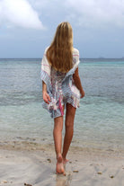 Lotty B Short Kaftan in Silk Crepe-de-Chine: BICYCLE - PINK back Mustique beach