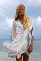 Lotty B Short Kaftan in Silk Crepe-de-Chine: BICYCLE - PINK windy Mustique beach