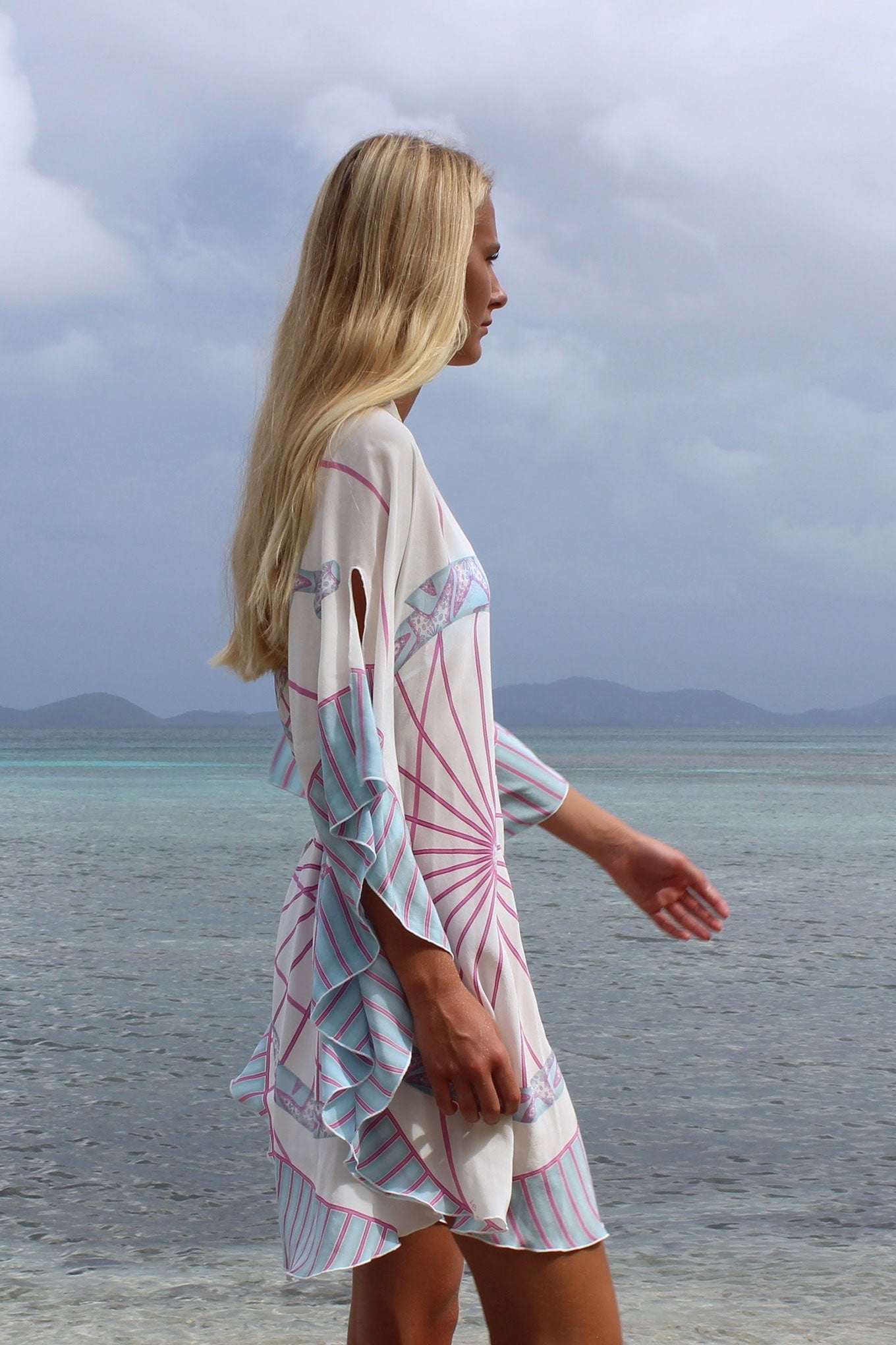 Lotty B Short Kaftan in Silk Crepe-de-Chine: BICYCLE - PINK side Mustique beach