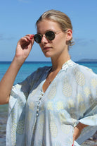 Lotty B Short Kaftan in Silk Crepe-de-Chine: PINEAPPLE - OLIVE sunglasses check Mustique