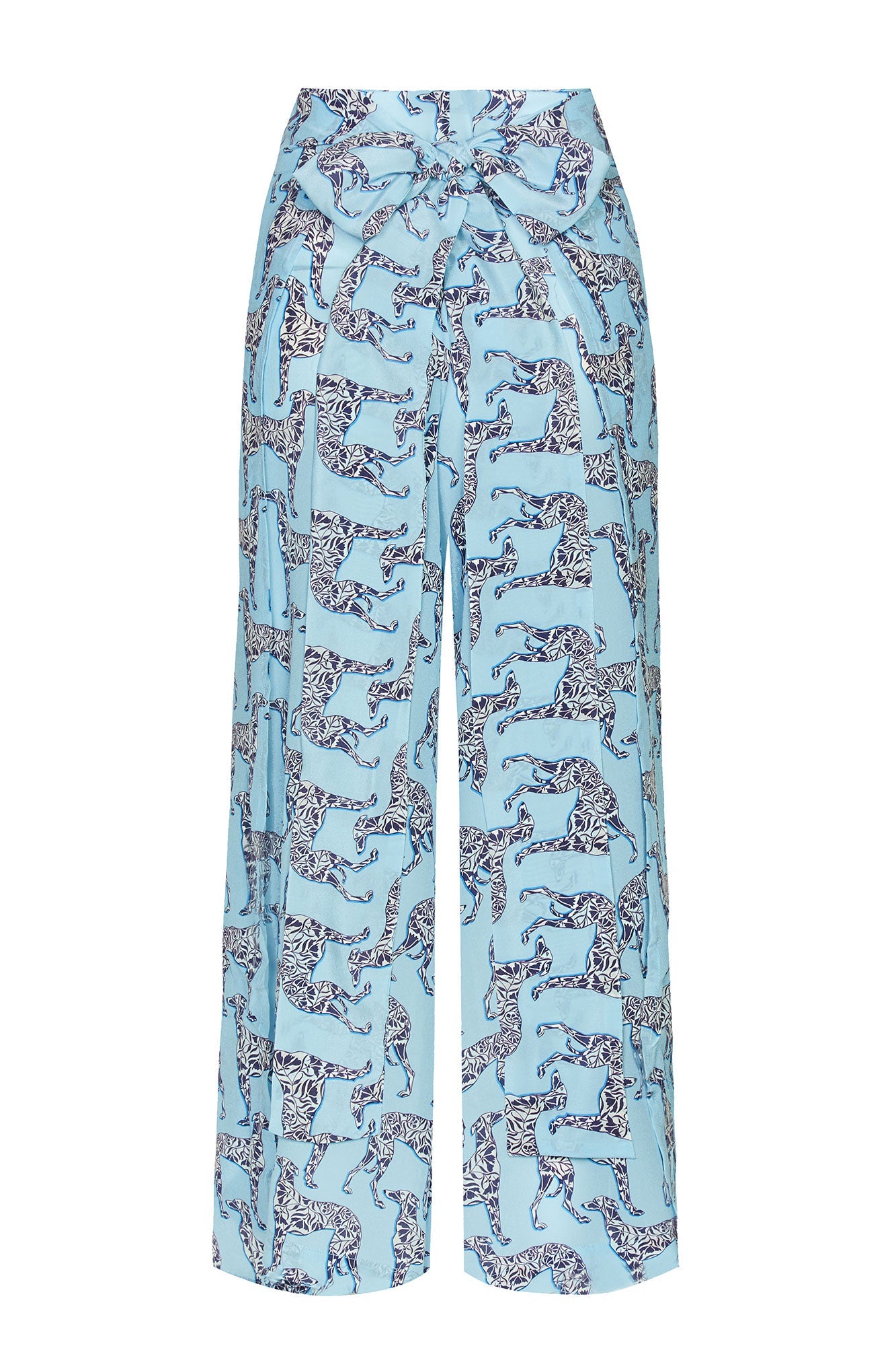 Crepe de chine silk palazzo pants in Lurcher dog aubergine & pale blue print back tie detail